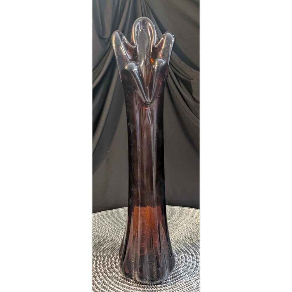 Vtg. 1960s MCM Amber Art Glass Stretch Swung Vase, 12"- 8 pt scalloped Base